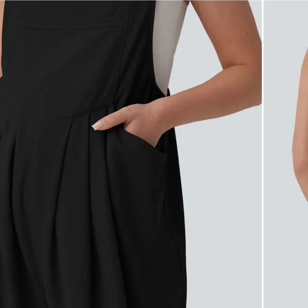 Halara Waffle Casual Maternity Jogger Overalls with Pockets medium black - Picture 5 of 12